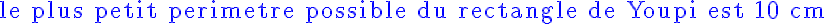 5$ \rm \blue le plus petit perimetre possible du rectangle de Youpi est 10 cm 